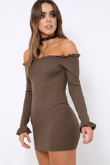 Khaki Ribbed Ruffle Long Sleeve Bardot Dress - Madison