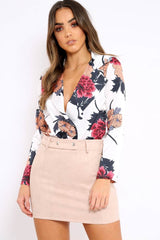 White Flower Print Plunge Satin Bodysuit - Madelynn