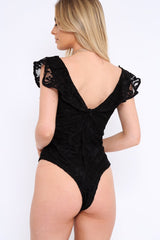 Black Lace Plunge Frill Bodysuit - Maelani