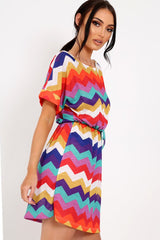 Multi Coloured Zig Zag Tie Waist T Shirt Dress - Maegan