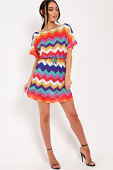 Multi Coloured Zig Zag Tie Waist T Shirt Dress - Maegan