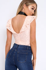 Nude Lace Plunge Frill Bodysuit - Maelani