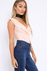 Nude Lace Plunge Frill Bodysuit - Maelani