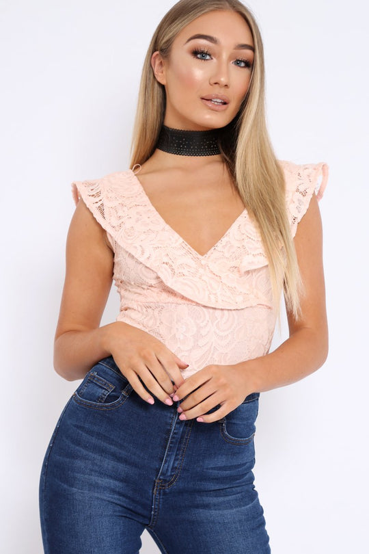 Nude Lace Plunge Frill Bodysuit - Maelani