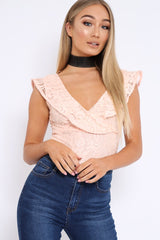 Nude Lace Plunge Frill Bodysuit - Maelani