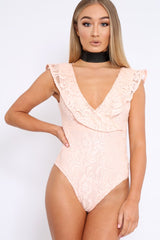 Nude Lace Plunge Frill Bodysuit - Maelani