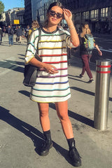 White Rainbow Stripe Oversized T-Shirt Dress - Avriella