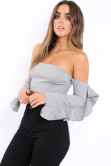 Grey Bardot Frill Sleeve Crop Top - Makayla