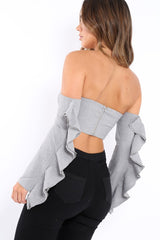 Grey Bardot Frill Sleeve Crop Top - Makayla