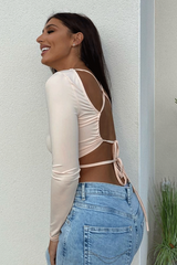 Beige Lace Up Back Long Sleeve Crop Top - Malaina