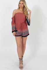 Red Print Bardot Playsuit - Malaya