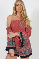 Red Print Bardot Playsuit - Malaya