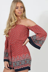 Red Print Bardot Playsuit - Malaya