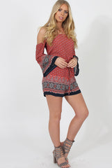 Red Print Bardot Playsuit - Malaya