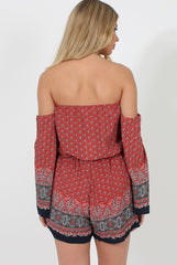 Red Print Bardot Playsuit - Malaya