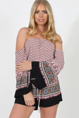 White & Red Print Bardot Playsuit - Malaya