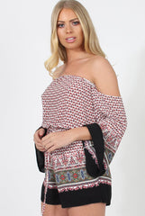 White & Red Print Bardot Playsuit - Malaya