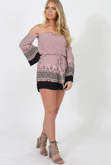 White & Red Print Bardot Playsuit - Malaya