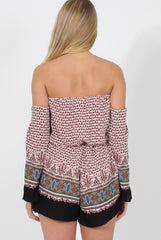 White & Red Print Bardot Playsuit - Malaya