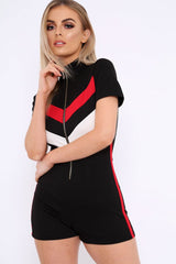 Black Colour Block Zip Front Playsuit - Maleia
