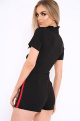 Black Colour Block Zip Front Playsuit - Maleia