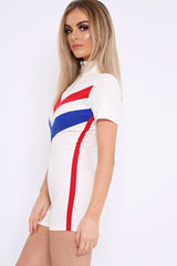 White Colour Block Zip Front Playsuit - Maleia