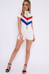 White Colour Block Zip Front Playsuit - Maleia