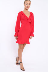 Red Wrap Mini Dress with Frills - Maleigh