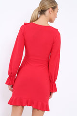 Red Wrap Mini Dress with Frills - Maleigh