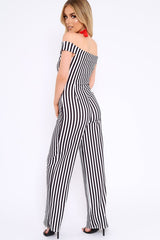 Black and White Stripe V Neck Bardot Jumpsuit - Mallorie