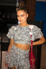 White Leopard Frill Crop Top And Shorts Co-Ord - Manuella