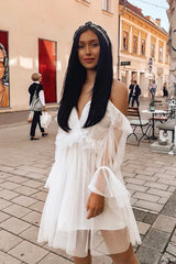 White Plunge Tulle Ruffle Cross Back Dress - Aerial