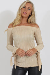 Gold Pleated Tie Cuff Bardot Top - Marcia