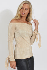 Gold Pleated Tie Cuff Bardot Top - Marcia
