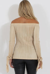 Gold Pleated Tie Cuff Bardot Top - Marcia