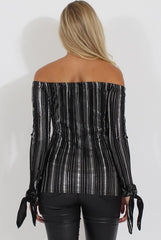 Black Pleated Tie Cuff Bardot Top - Marcia