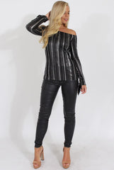 Black Pleated Tie Cuff Bardot Top - Marcia