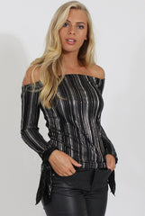 Black Pleated Tie Cuff Bardot Top - Marcia