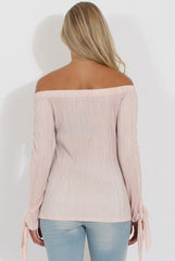 Nude Pleated Tie Cuff Bardot Top - Marcia