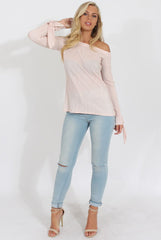 Nude Pleated Tie Cuff Bardot Top - Marcia