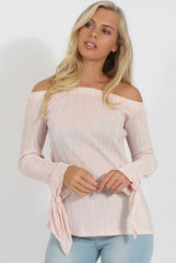 Nude Pleated Tie Cuff Bardot Top - Marcia