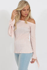 Nude Pleated Tie Cuff Bardot Top - Marcia