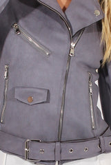 Grey Suede Belted Biker Jacket - Marcy