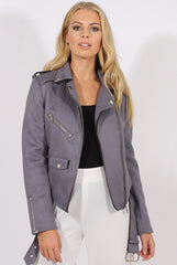 Grey Suede Belted Biker Jacket - Marcy