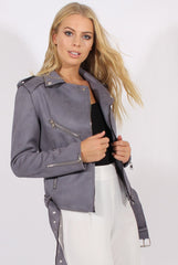 Grey Suede Belted Biker Jacket - Marcy