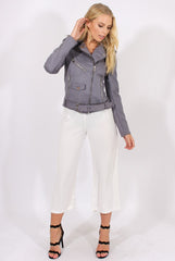Grey Suede Belted Biker Jacket - Marcy