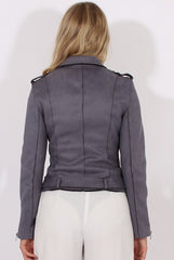 Grey Suede Belted Biker Jacket - Marcy