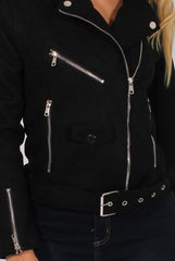 Black Suede Belted Biker Jacket - Marcy