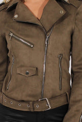 Khaki Suede Belted Biker Jacket - Marcy