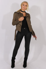 Khaki Suede Belted Biker Jacket - Marcy